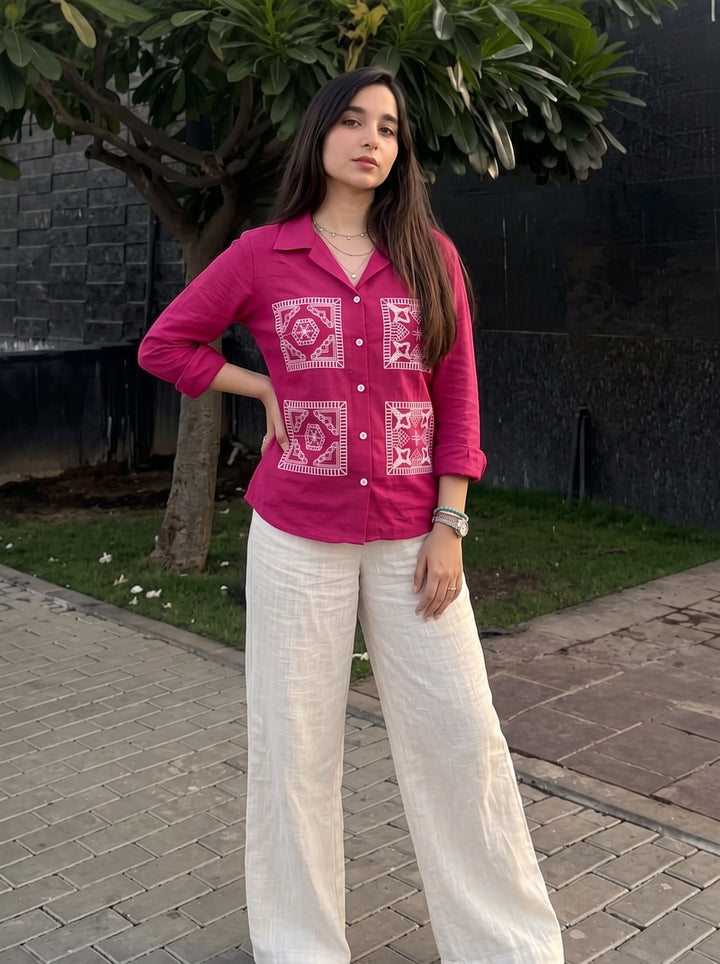 Magenta Pink Embroidered Cotton Shirt for Women