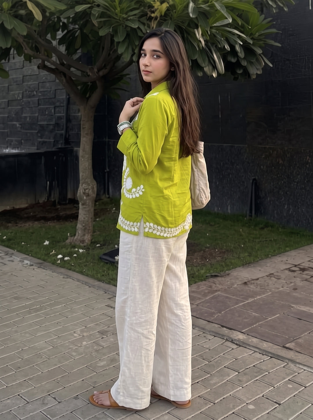 Lime Green Floral Embroidered Cotton Shirt for Women