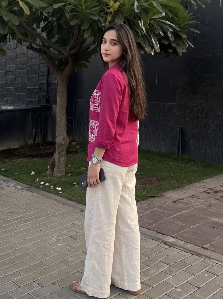 Magenta Pink Embroidered Cotton Shirt for Women