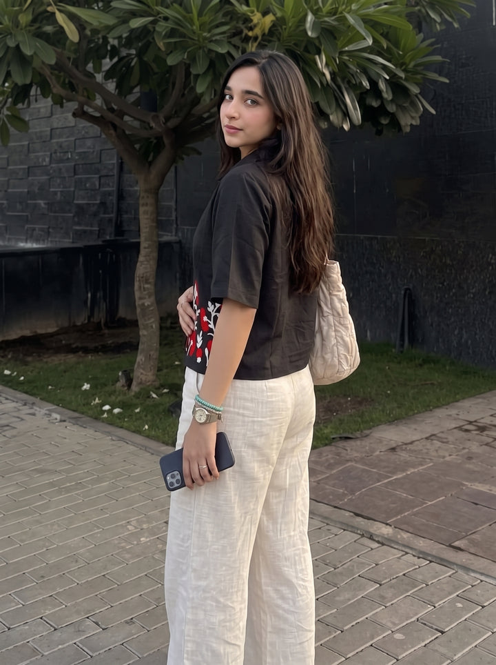 Black Floral Embroidered Cotton Shirt for Women