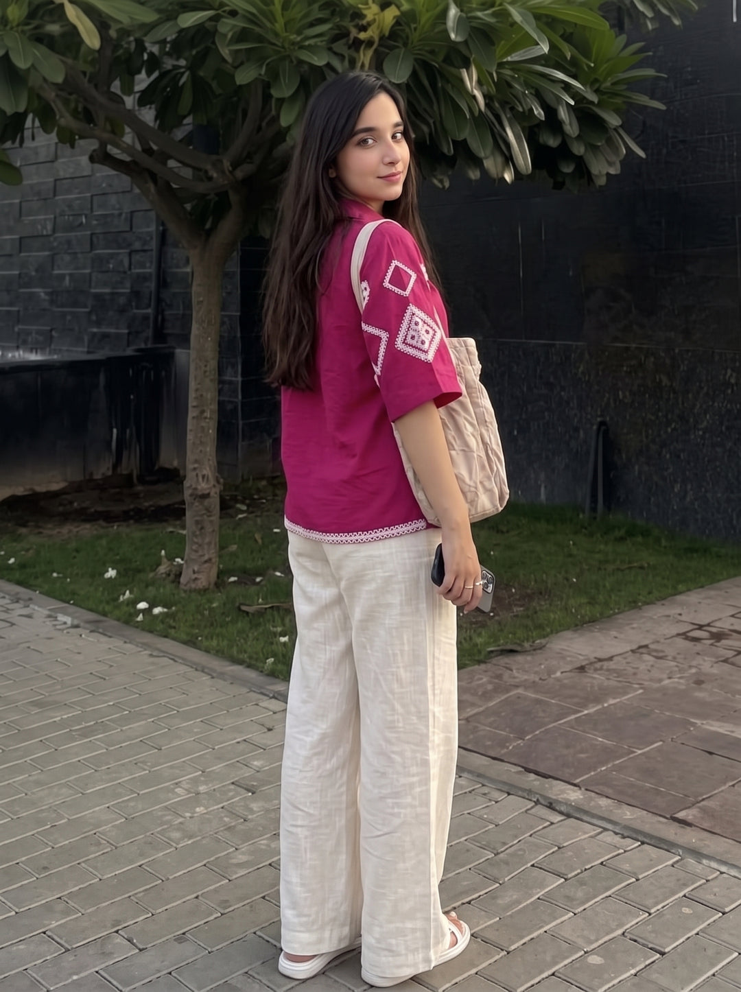Magenta Pink Geometric Embroidered Cotton Shirt for Women