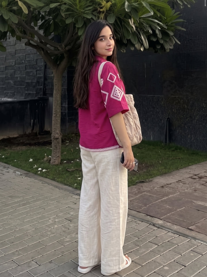 Magenta Pink Geometric Embroidered Cotton Shirt for Women