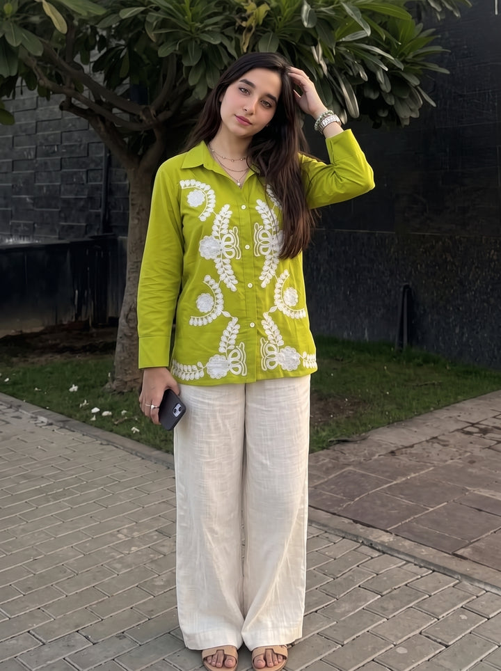 Lime Green Floral Embroidered Cotton Shirt for Women