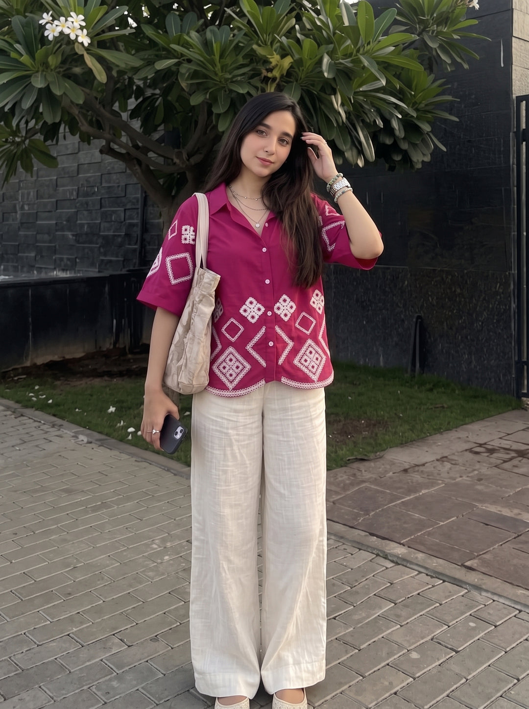 Magenta Pink Geometric Embroidered Cotton Shirt for Women