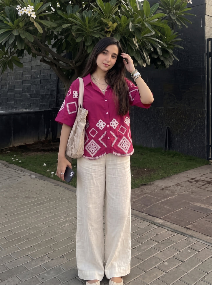 Magenta Pink Geometric Embroidered Cotton Shirt for Women