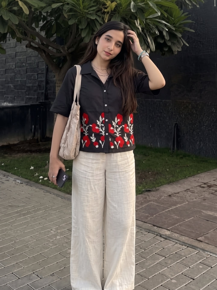 Black Floral Embroidered Cotton Shirt for Women
