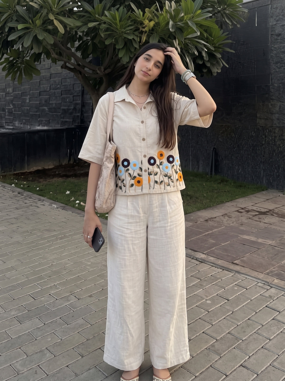 Ivory Floral Embroidered Cotton Shirt for Women