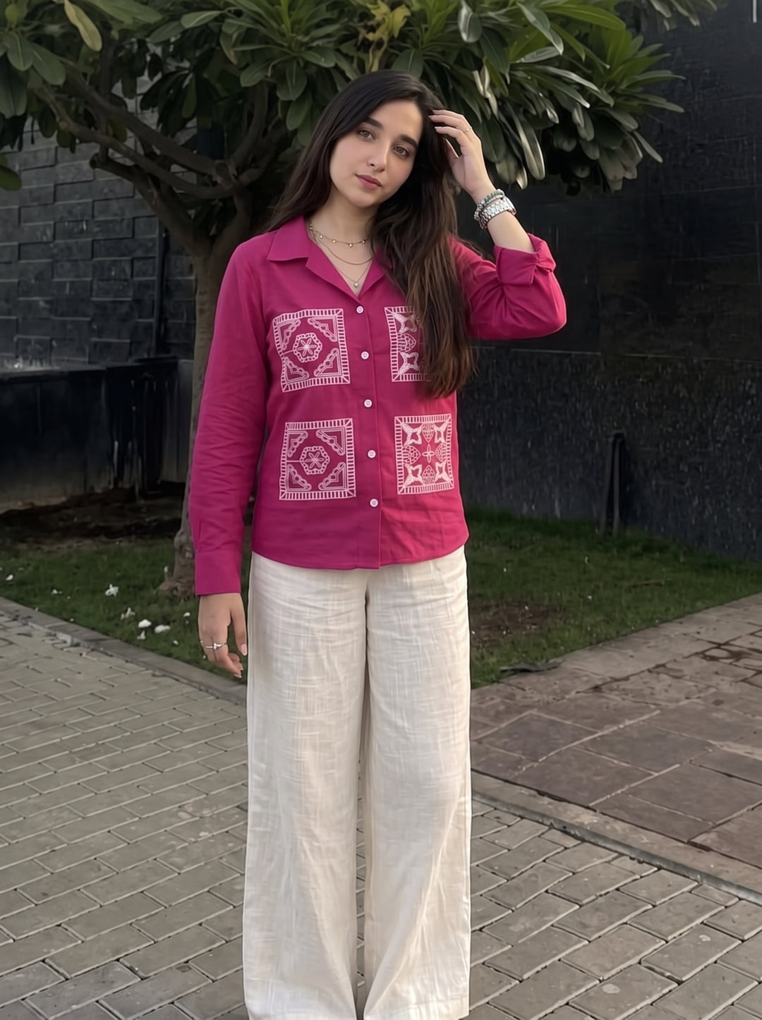 Magenta Pink Embroidered Cotton Shirt for Women