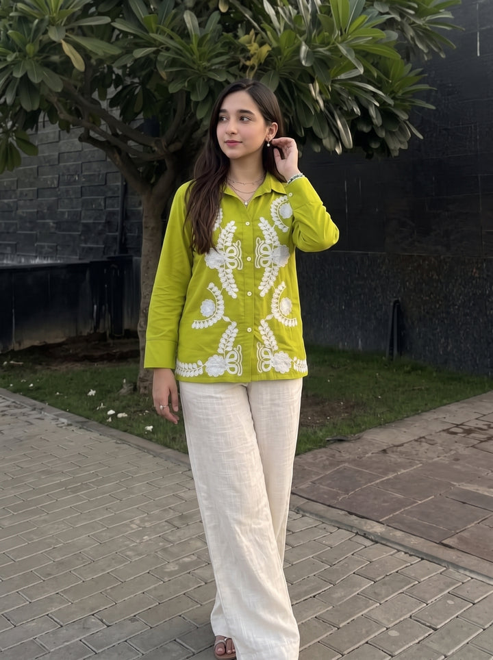 Lime Green Floral Embroidered Cotton Shirt for Women