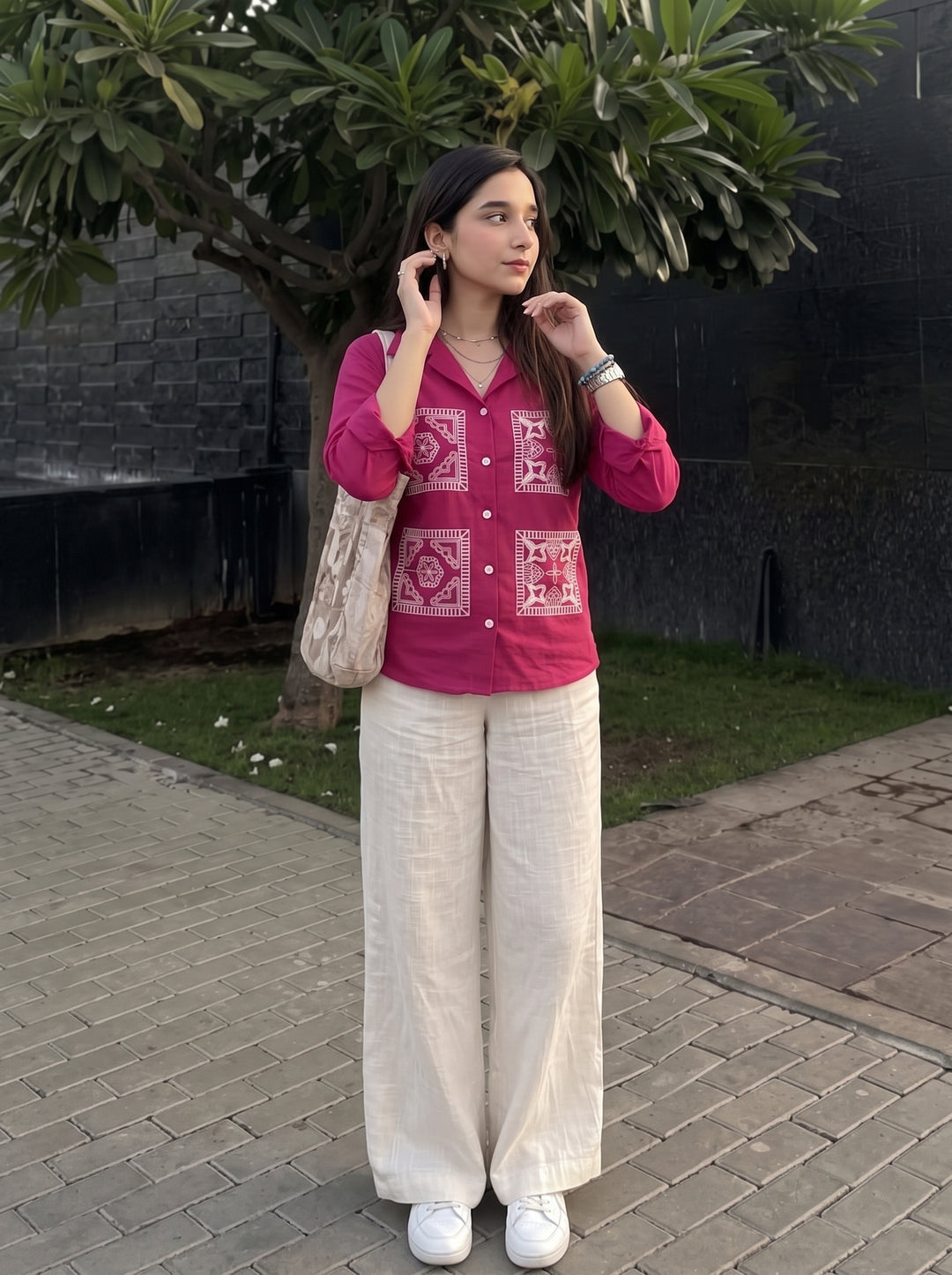 Magenta Pink Embroidered Cotton Shirt for Women