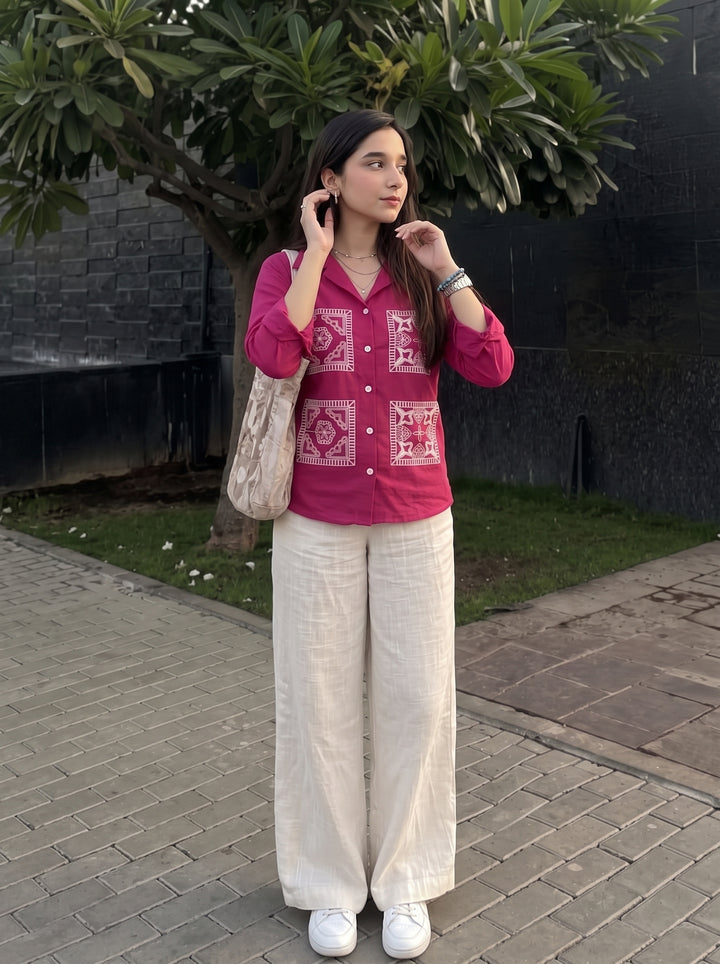 Magenta Pink Embroidered Cotton Shirt for Women
