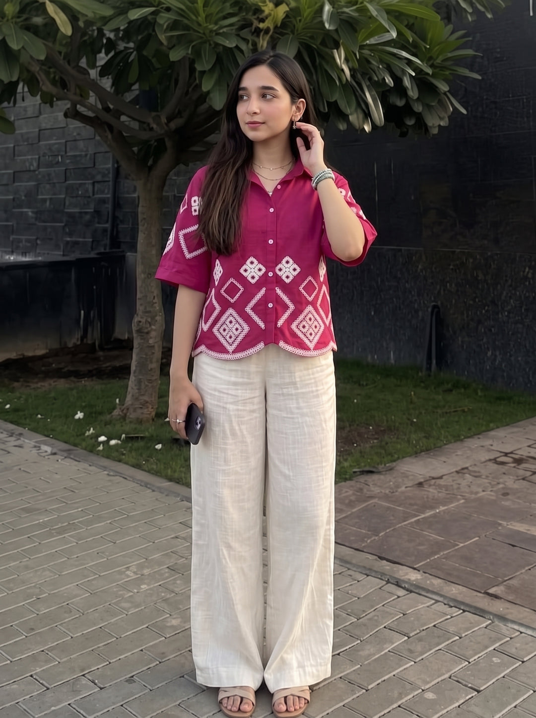 Magenta Pink Geometric Embroidered Cotton Shirt for Women