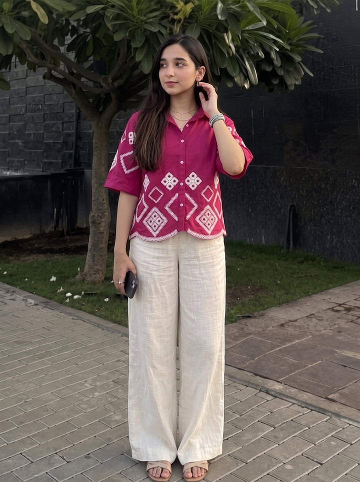 Magenta Pink Geometric Embroidered Cotton Shirt for Women