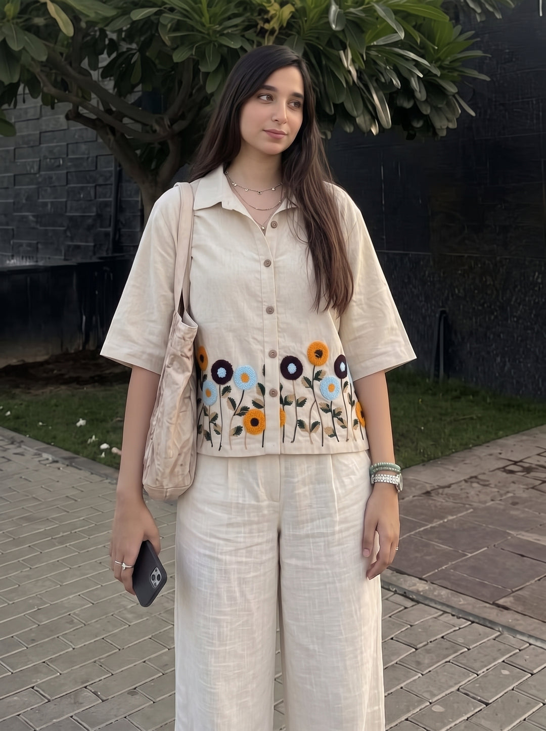 Ivory Floral Embroidered Cotton Shirt for Women