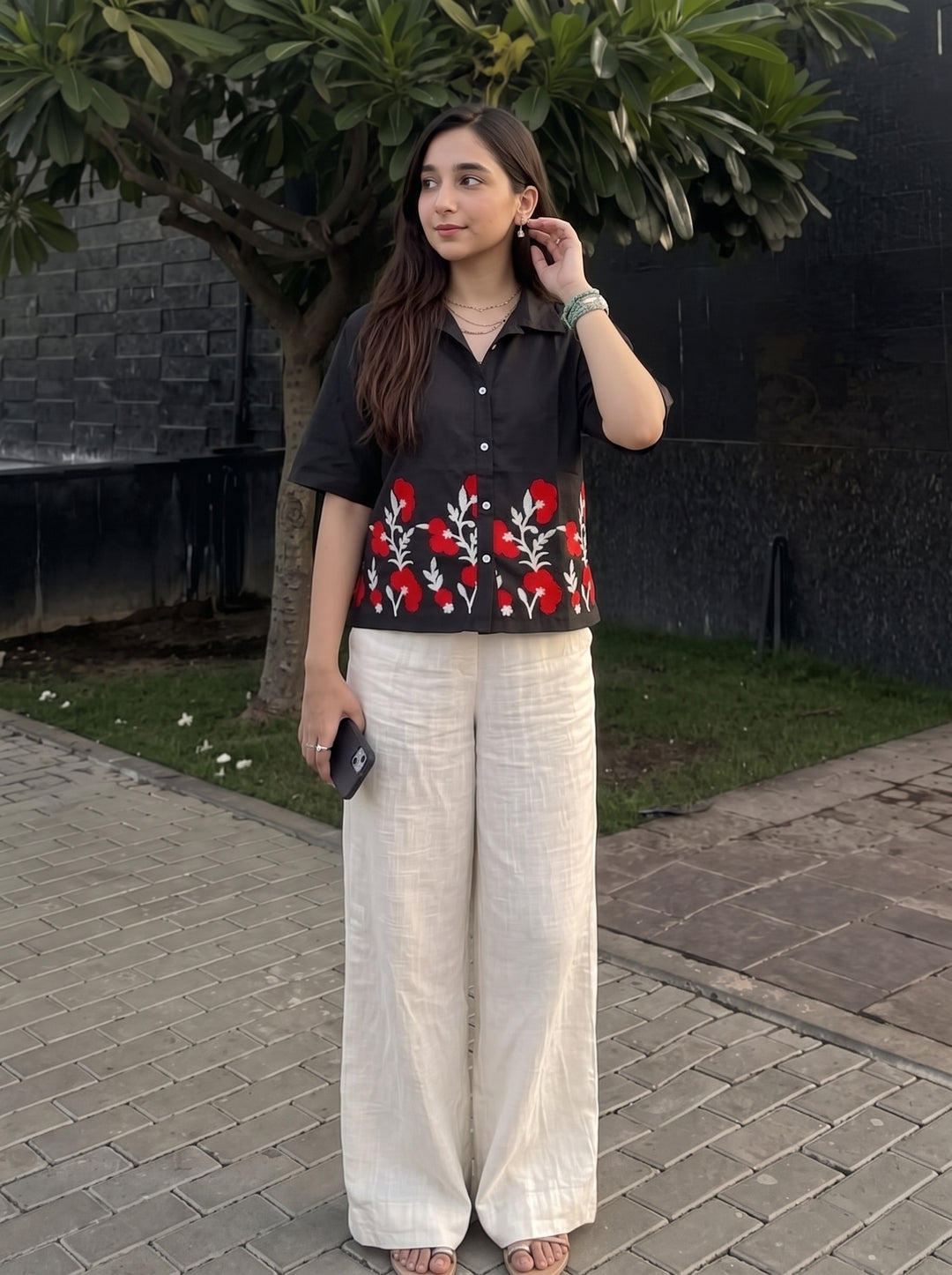 Black Floral Embroidered Cotton Shirt for Women