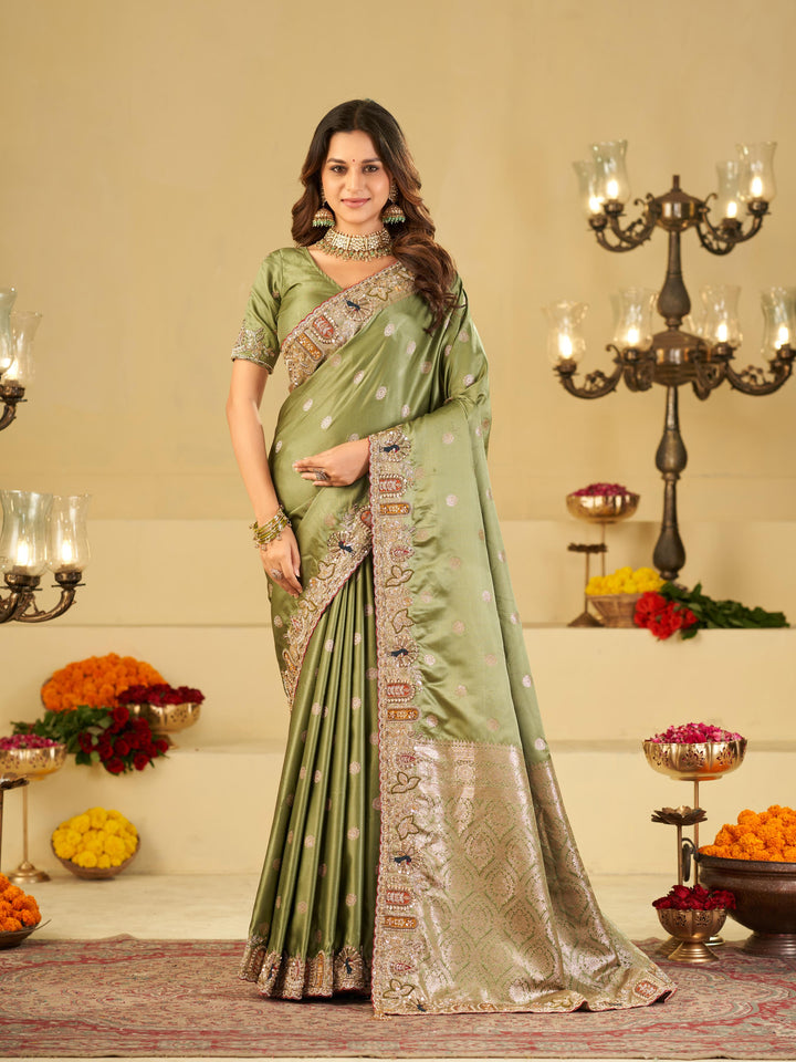 Pastel Olive Green Banarasi Silk Saree with Floral Embroidered Border & Rich Zari Woven Pallu | Designer Wedding Festive Saree