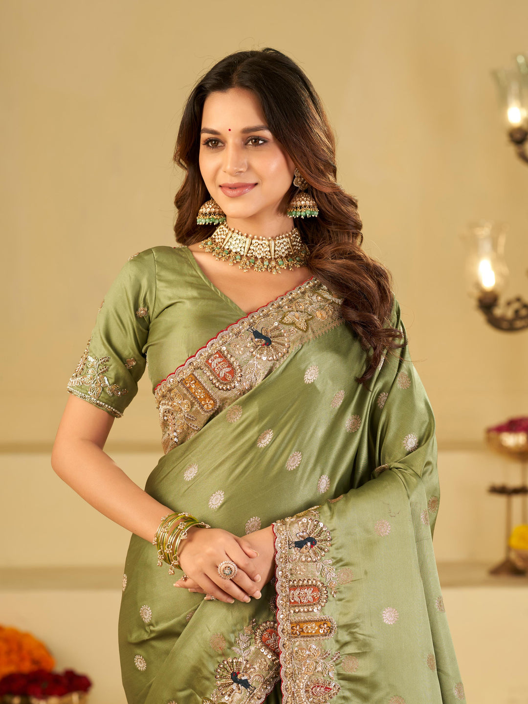 Pastel Olive Green Banarasi Silk Saree with Floral Embroidered Border & Rich Zari Woven Pallu | Designer Wedding Festive Saree