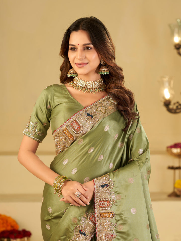 Pastel Olive Green Banarasi Silk Saree with Floral Embroidered Border & Rich Zari Woven Pallu | Designer Wedding Festive Saree
