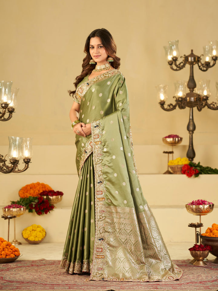 Pastel Olive Green Banarasi Silk Saree with Floral Embroidered Border & Rich Zari Woven Pallu | Designer Wedding Festive Saree