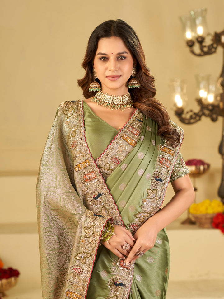 Pastel Olive Green Banarasi Silk Saree with Floral Embroidered Border & Rich Zari Woven Pallu | Designer Wedding Festive Saree