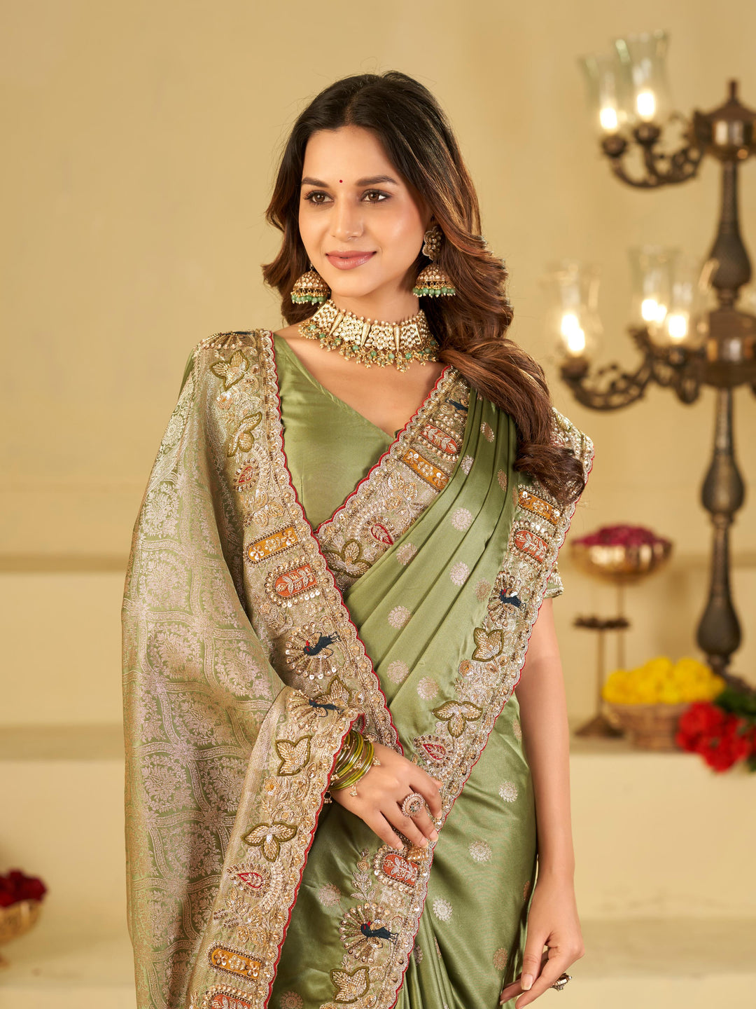 Pastel Olive Green Banarasi Silk Saree with Floral Embroidered Border & Rich Zari Woven Pallu | Designer Wedding Festive Saree