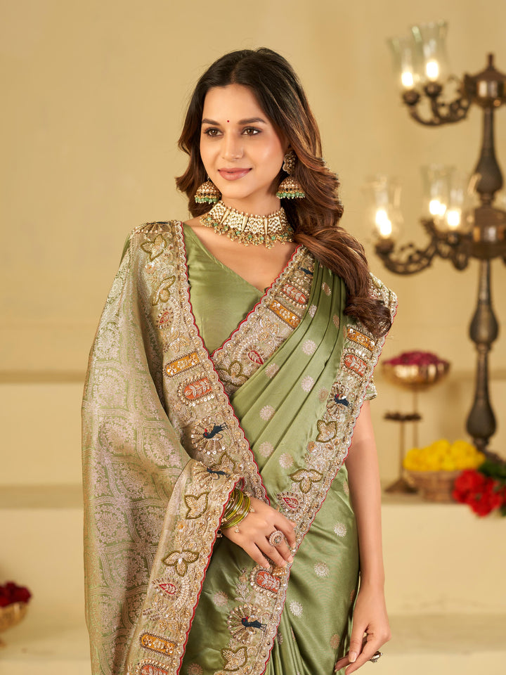 Pastel Olive Green Banarasi Silk Saree with Floral Embroidered Border & Rich Zari Woven Pallu | Designer Wedding Festive Saree