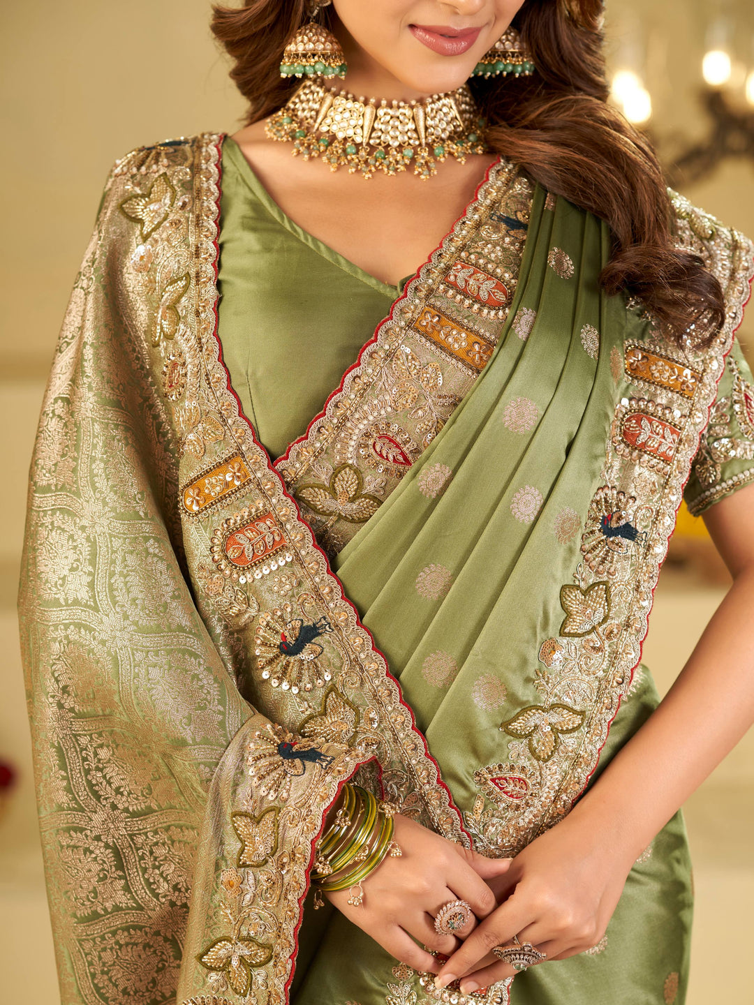 Pastel Olive Green Banarasi Silk Saree with Floral Embroidered Border & Rich Zari Woven Pallu | Designer Wedding Festive Saree