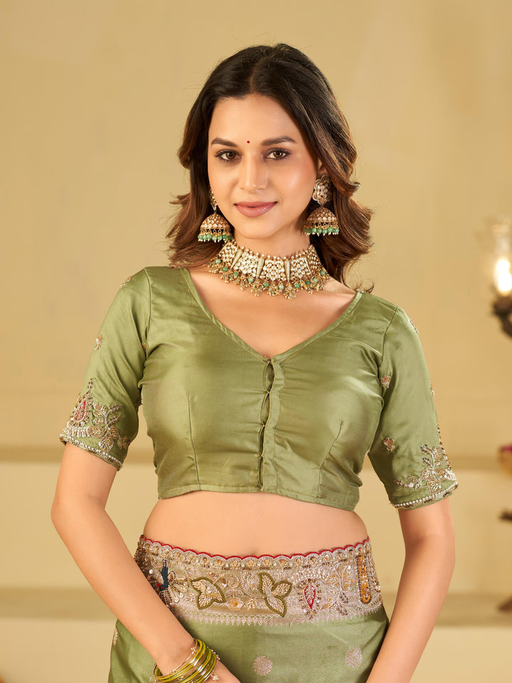 Pastel Olive Green Banarasi Silk Saree with Floral Embroidered Border & Rich Zari Woven Pallu | Designer Wedding Festive Saree