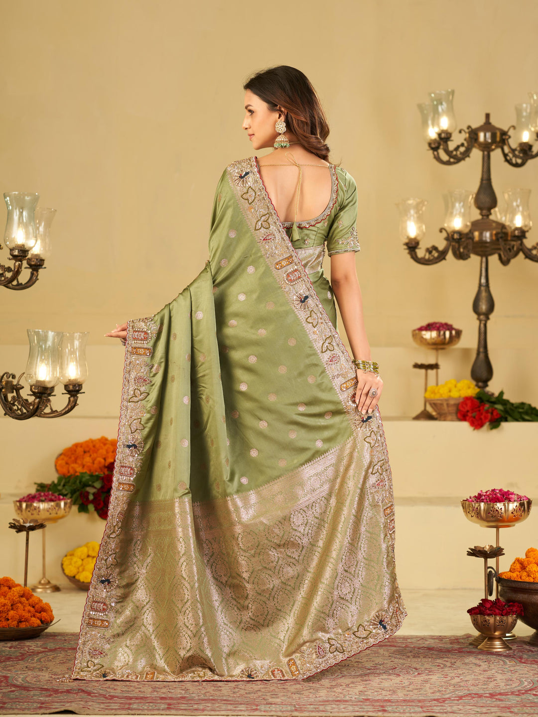 Pastel Olive Green Banarasi Silk Saree with Floral Embroidered Border & Rich Zari Woven Pallu | Designer Wedding Festive Saree