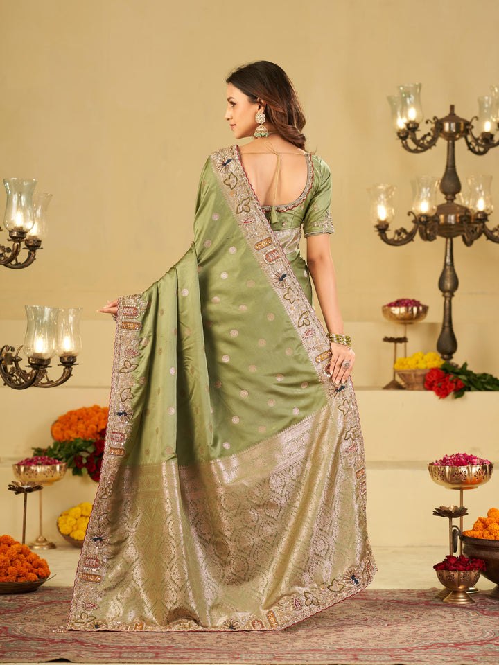 Pastel Olive Green Banarasi Silk Saree with Floral Embroidered Border & Rich Zari Woven Pallu | Designer Wedding Festive Saree