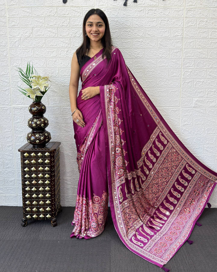 Royal Magenta Modal Silk Saree with Heritage Paisley Pallu, Ornamental Border &amp; Traditional Ethnic Print