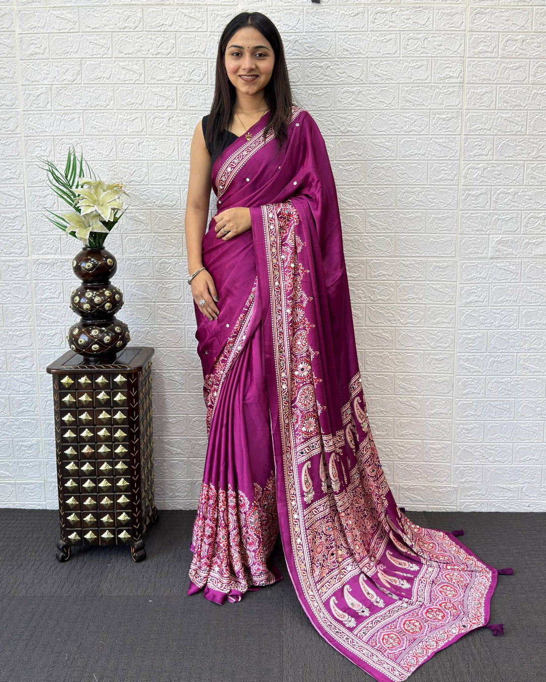 Royal Magenta Modal Silk Saree with Heritage Paisley Pallu, Ornamental Border &amp; Traditional Ethnic Print