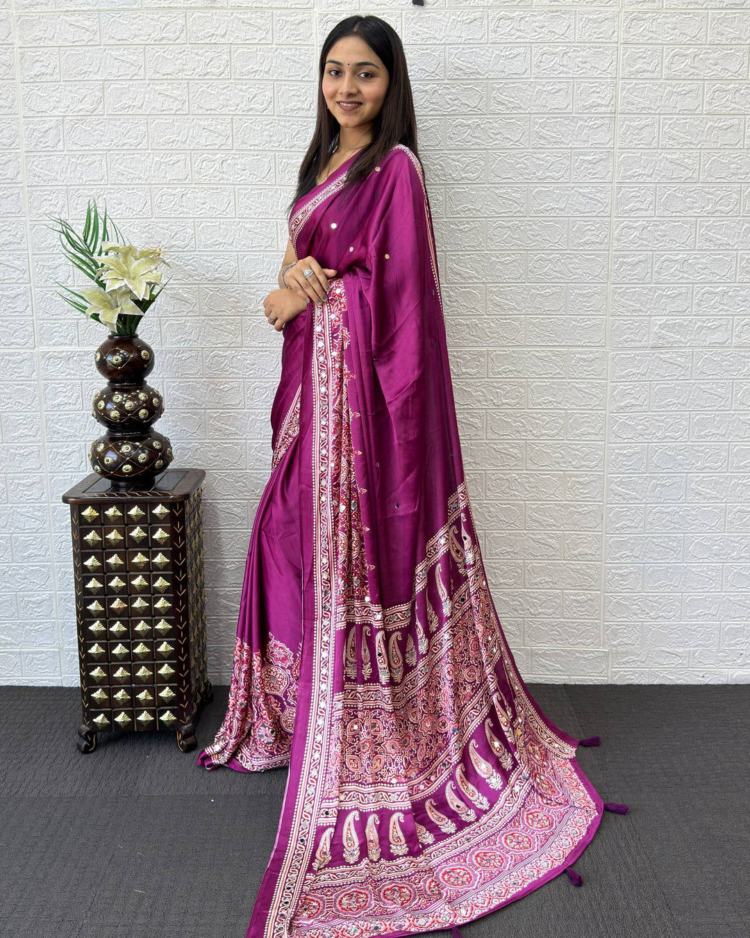 Royal Magenta Modal Silk Saree with Heritage Paisley Pallu, Ornamental Border &amp; Traditional Ethnic Print