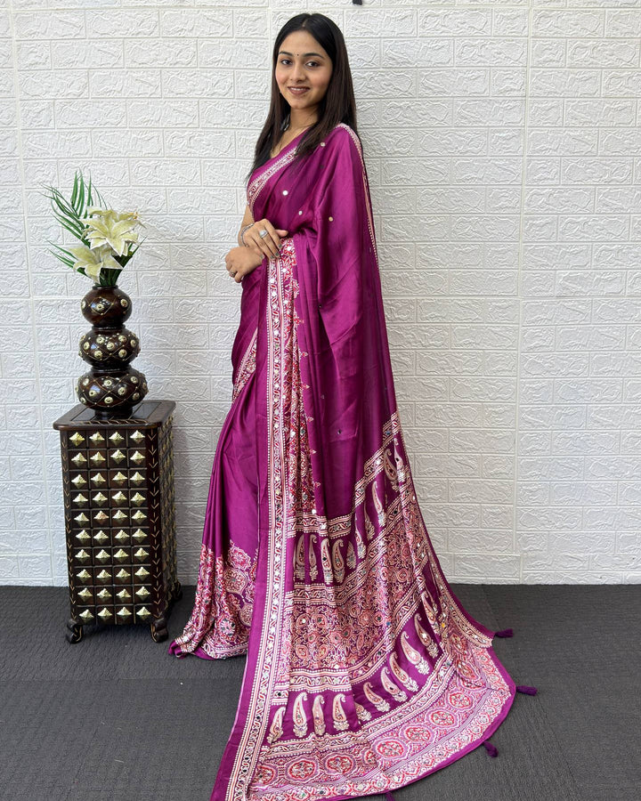Royal Magenta Modal Silk Saree with Heritage Paisley Pallu, Ornamental Border &amp; Traditional Ethnic Print