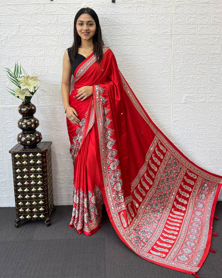 Ruby Red Modal Silk Saree with Heritage Paisley Pallu, Intricate Floral Border &amp; Traditional Ethnic Prints