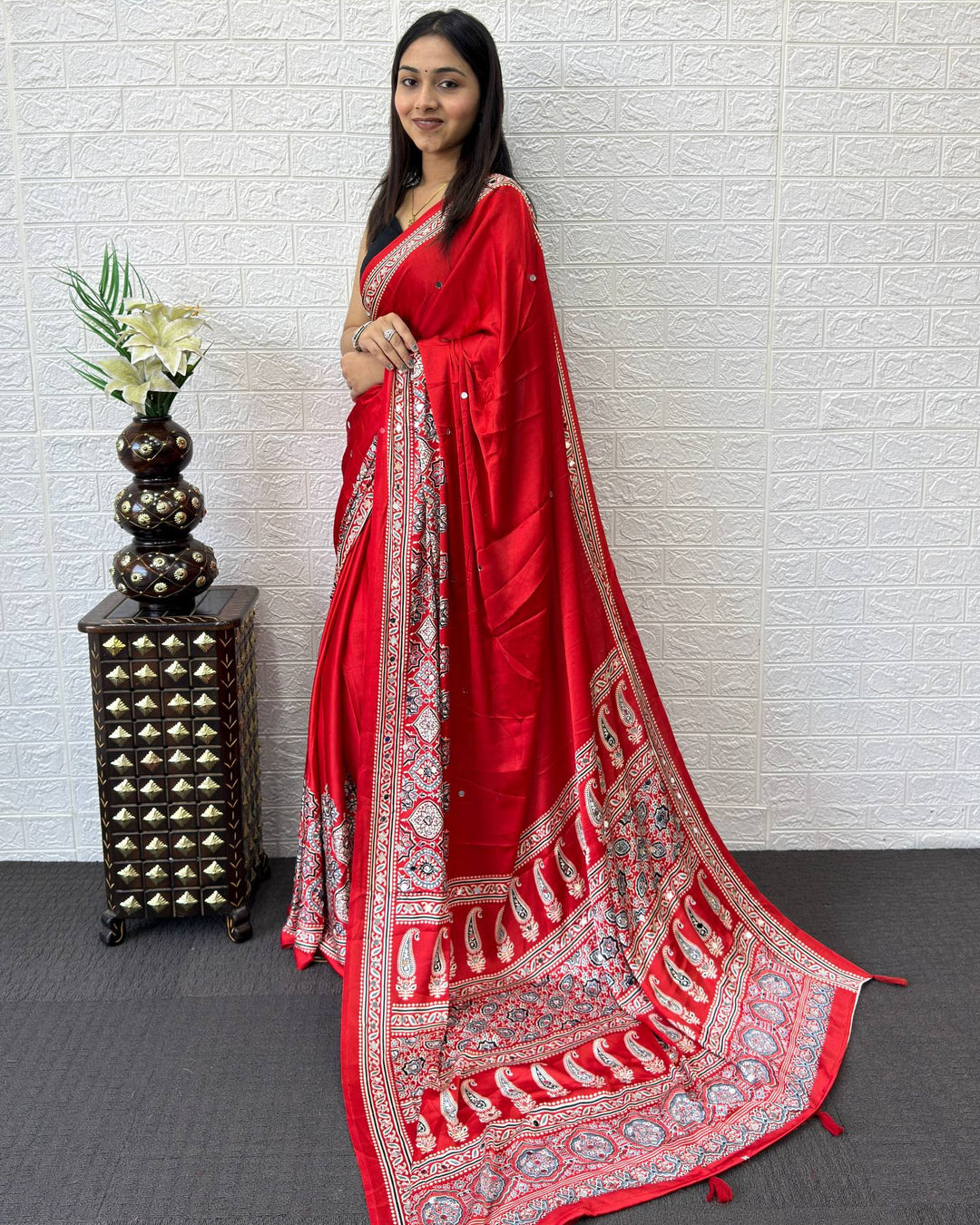 Ruby Red Modal Silk Saree with Heritage Paisley Pallu, Intricate Floral Border &amp; Traditional Ethnic Prints