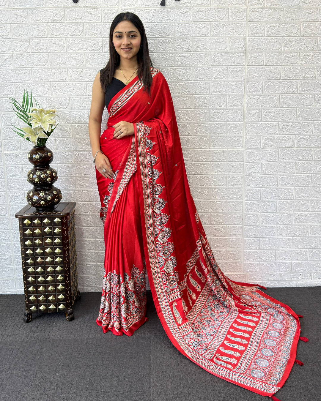 Ruby Red Modal Silk Saree with Heritage Paisley Pallu, Intricate Floral Border &amp; Traditional Ethnic Prints