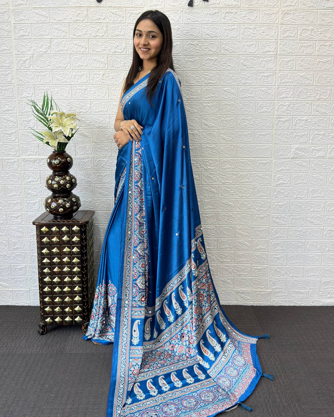 Royal Blue Modal Silk Saree with Heritage Paisley Pallu, Floral Border &amp; Traditional Ethnic Prints
