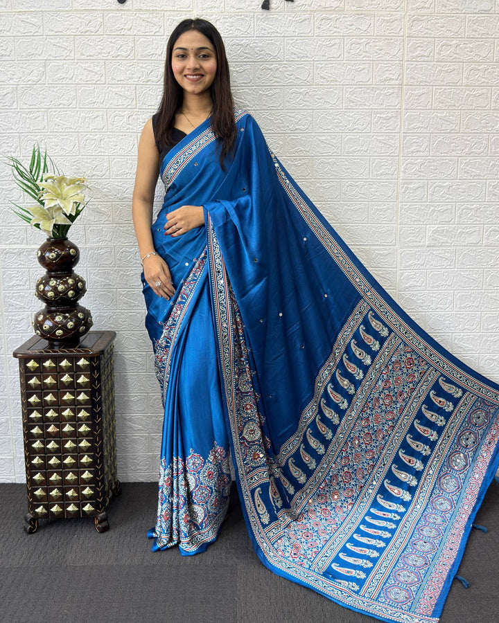 Royal Blue Modal Silk Saree with Heritage Paisley Pallu, Floral Border &amp; Traditional Ethnic Prints