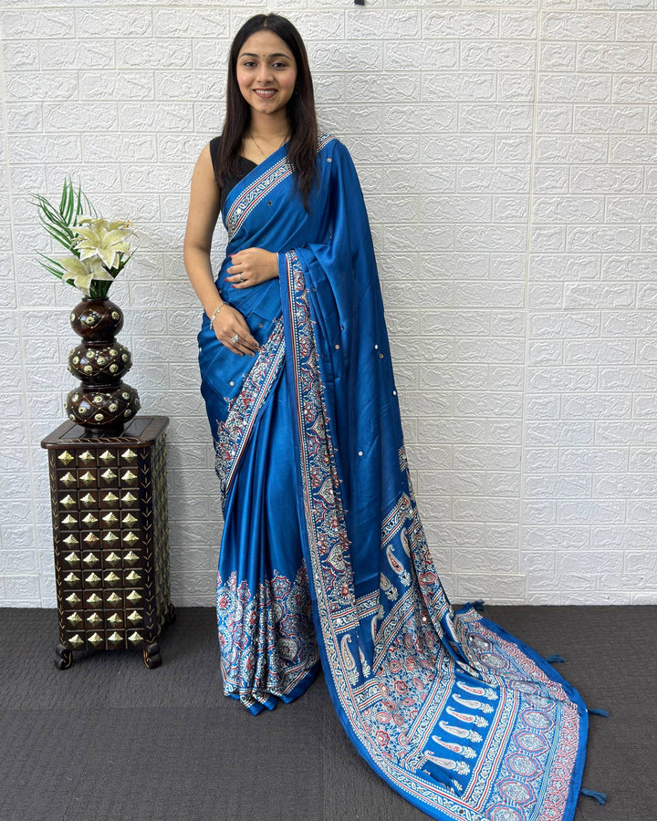Royal Blue Modal Silk Saree with Heritage Paisley Pallu, Floral Border &amp; Traditional Ethnic Prints