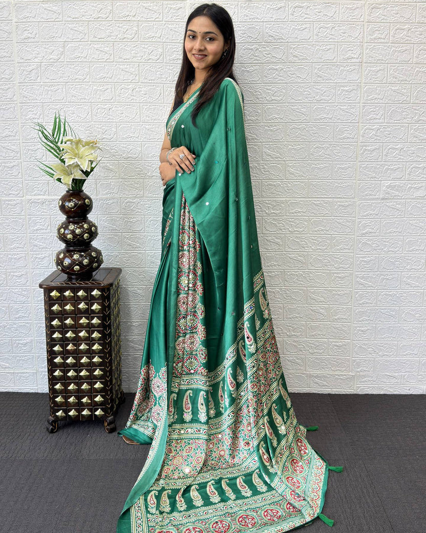 Emerald Green Modal Silk Saree with Traditional Paisley Pallu, Floral Border &amp; Elegant Ethnic Prints