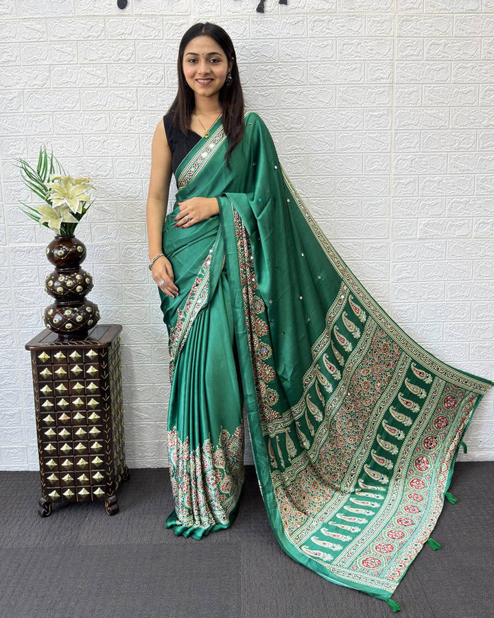 Emerald Green Modal Silk Saree with Traditional Paisley Pallu, Floral Border &amp; Elegant Ethnic Prints