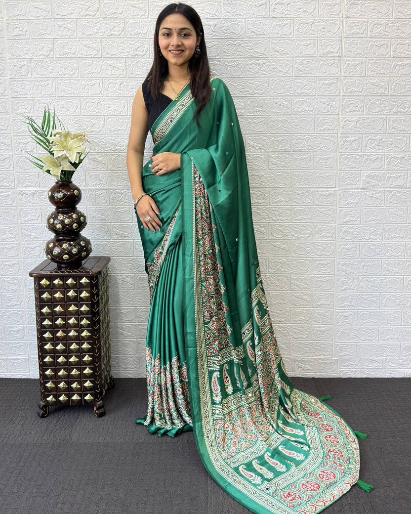 Emerald Green Modal Silk Saree with Traditional Paisley Pallu, Floral Border &amp; Elegant Ethnic Prints