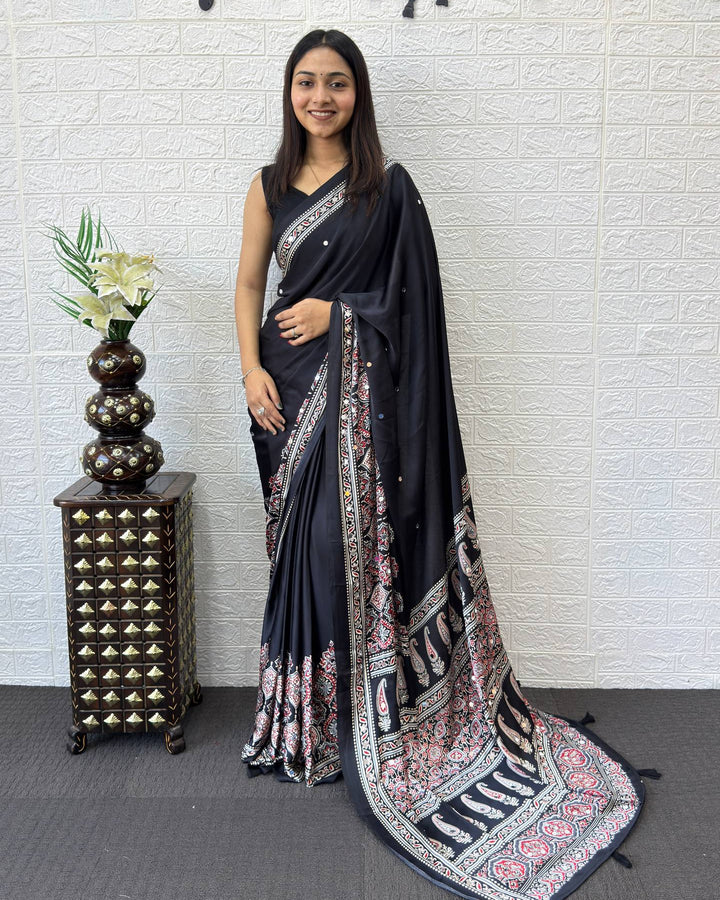 Classic Black Modal Silk Saree with Paisley Designer Pallu, Intricate Floral Border &amp; Traditional Ethnic Print