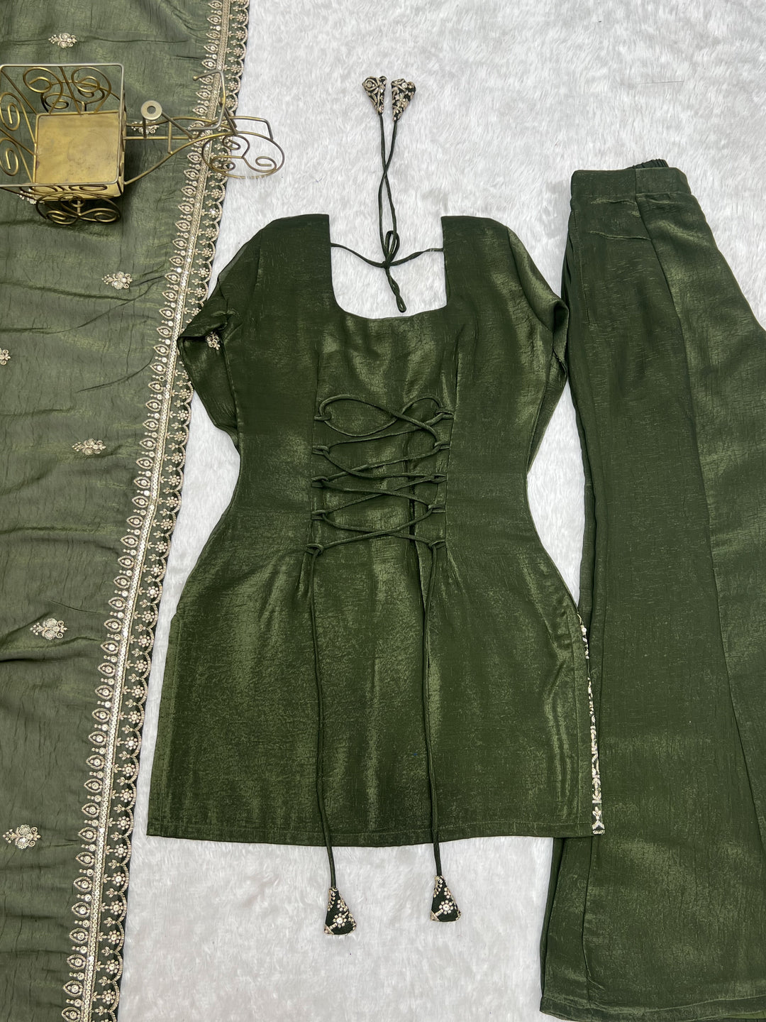 Emerald Green Crunchy Silk Embroidered Kurta Set with Bell Bottom Pants & Embellished Dupatta