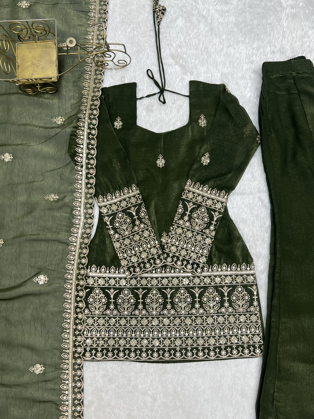 Emerald Green Crunchy Silk Embroidered Kurta Set with Bell Bottom Pants & Embellished Dupatta