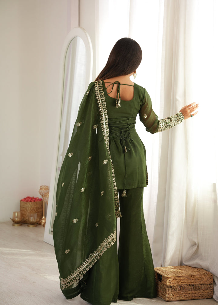 Emerald Green Crunchy Silk Embroidered Kurta Set with Bell Bottom Pants & Embellished Dupatta