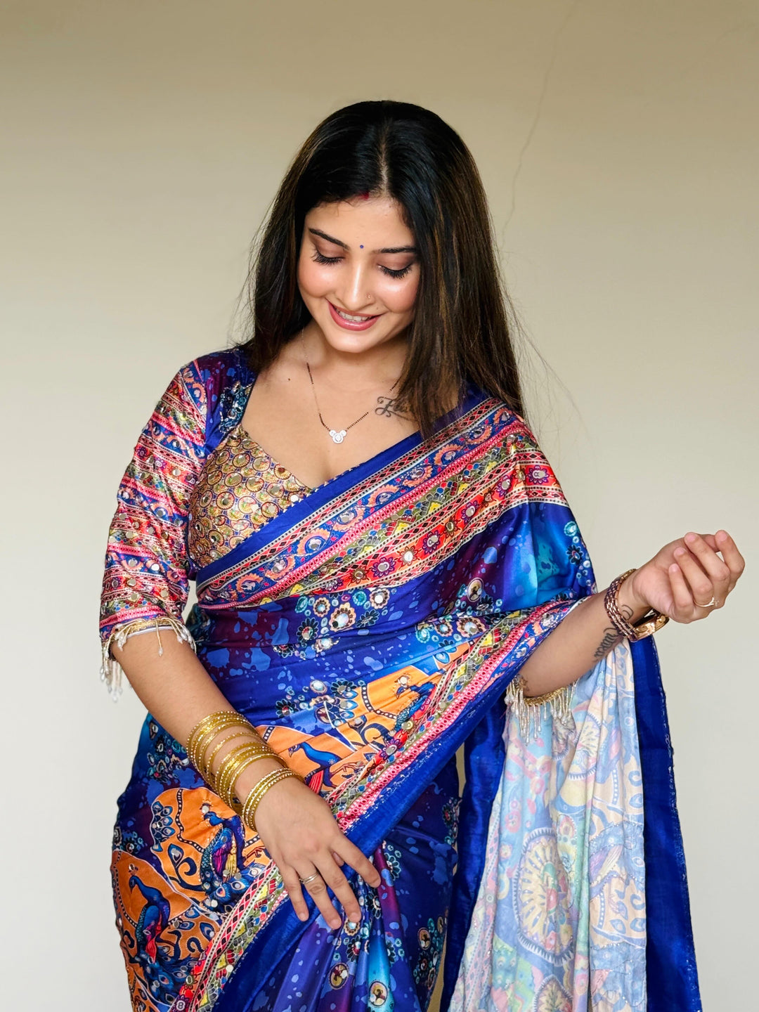 Women Designer Peacock &amp; Floral Digital Print Saree with Contrast Border &amp; Attached Blouse | Premium Party Wear Saree