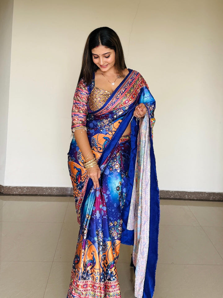 Women Designer Peacock &amp; Floral Digital Print Saree with Contrast Border &amp; Attached Blouse | Premium Party Wear Saree