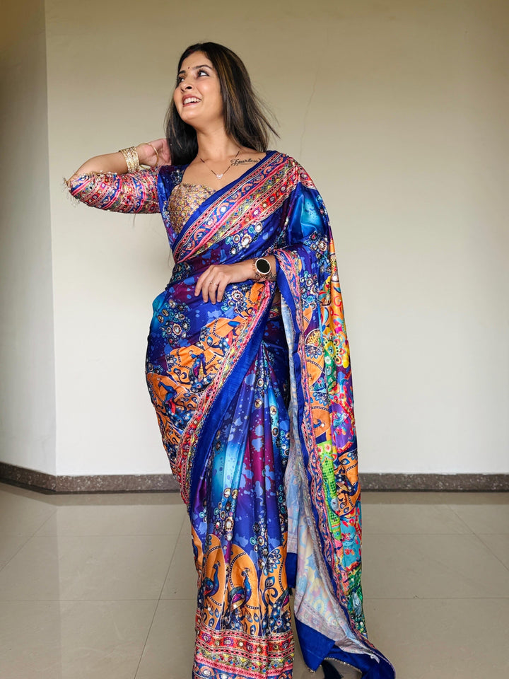 Women Designer Peacock &amp; Floral Digital Print Saree with Contrast Border &amp; Attached Blouse | Premium Party Wear Saree